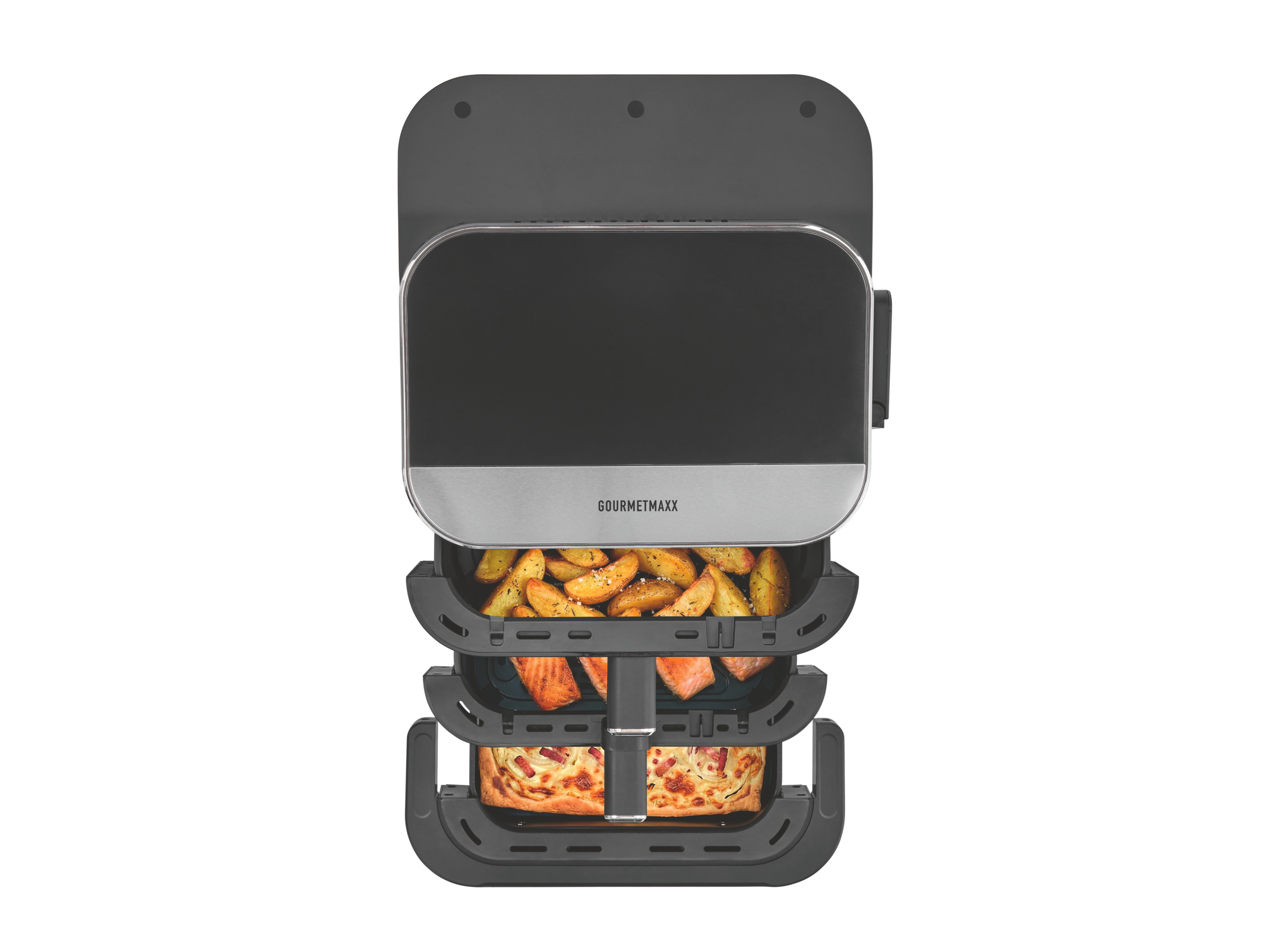 GOURMETmaxx Heißluftfritteuse GOURMETmaxx Heißluft-Fritteuse 2800W schwarz Doppelkorb vertikal 4l + 6l mit Pizzafach, 2800 W, Heissluftfritteuse XXL, ohne Öl, f – Bild 4 von 4