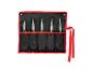 Set aus fünf verschiedenen Zangen in einer schwarz-roten Werkzeugrolle.
