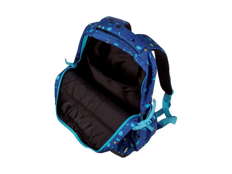 Blauer Rucksack mit buntem Spritzmuster, offen, mit schwarzem Innenraum und türkisfarbenem Reißverschluss.