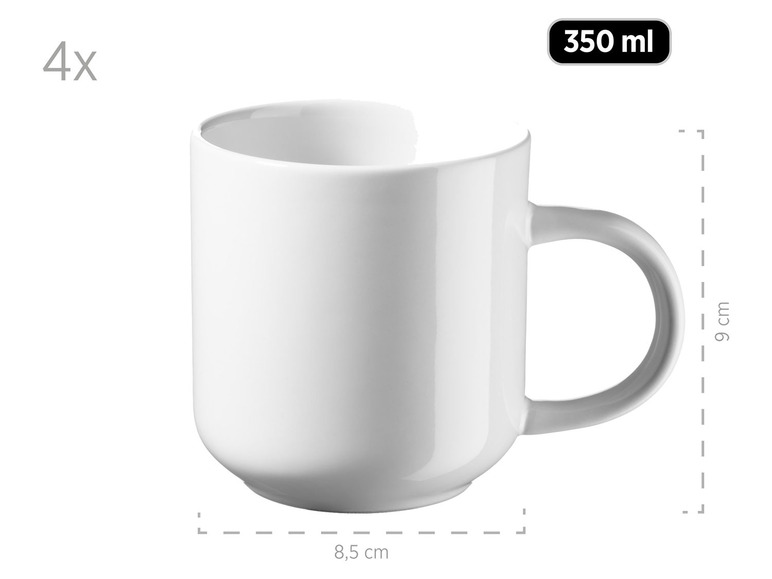 Vier weiße Tassen mit 350 ml Fassungsvermögen.