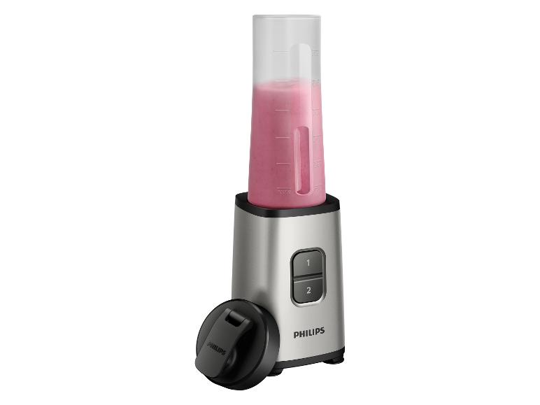 Philips Smoothie-Mixer mit rosa Getränk und schwarzem Deckel.