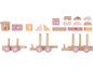 Holzeisenbahn-Set mit Tier- und Blattmotiven, in Rosa- und Orangetönen.