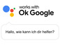 Das Google Assistant Logo mit dem Text 'Funktioniert mit Ok Google' und eine Sprechblase mit dem Text 'Hallo, wie kann ich dir helfen?'