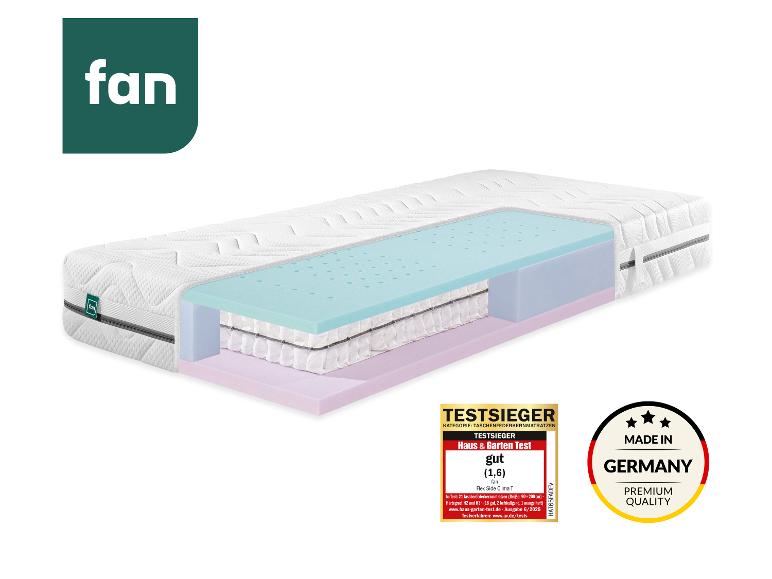 Taschenfederkernmatratze mit sichtbaren Innenschichten, 'TESTSIEGER' und 'MADE IN GERMANY' Etiketten.