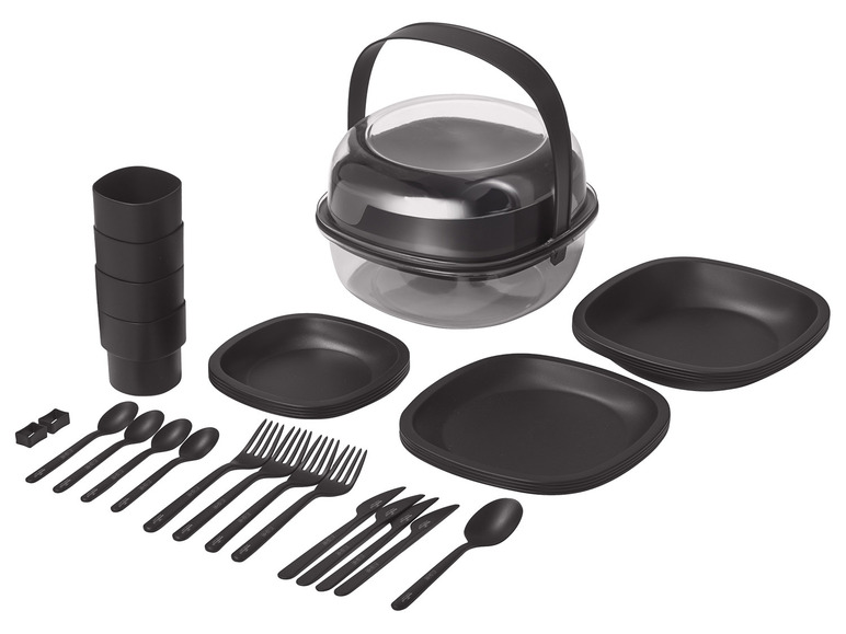 Ein schwarzes Picknick-Set mit Tellern, Besteck und Bechern.