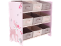 Kinderregal mit rosa Hirsch- und Igelmotiv, mit neun Aufbewahrungsboxen.