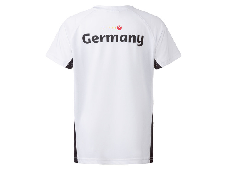 Weißes T-Shirt mit schwarzen Akzenten und 'Germany' auf dem Rücken.