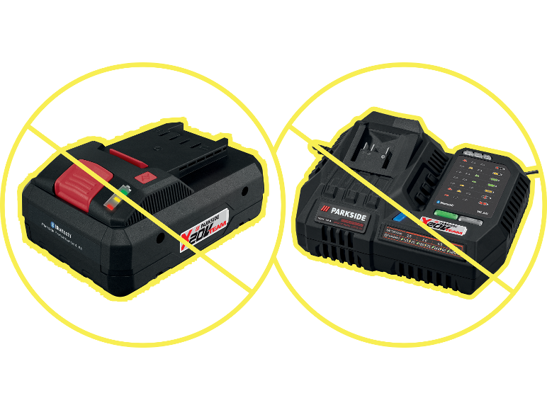 Akku und Ladegerät für Elektrowerkzeuge mit Anzeigen und Bluetooth.
