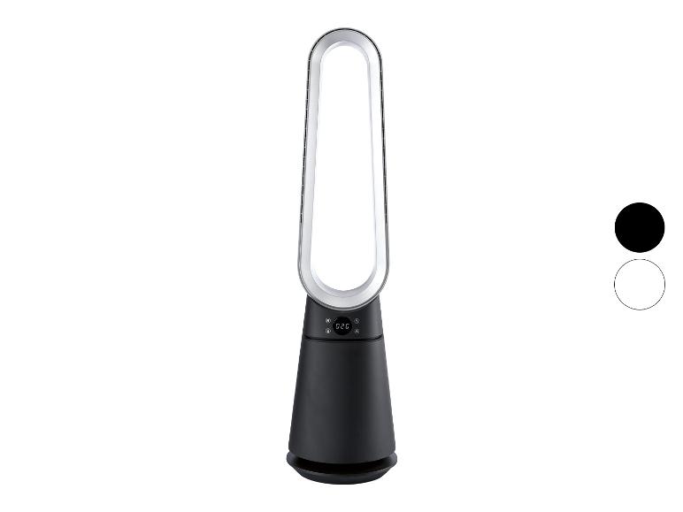 Schwarz-silberner turmventilator ohne flügel mit digitalanzeige, mit schwarzen und weißen farboptionen.