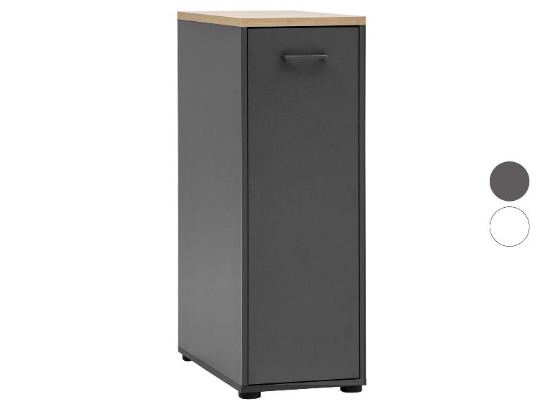 Grauer schmaler Schrank mit Holzplatte