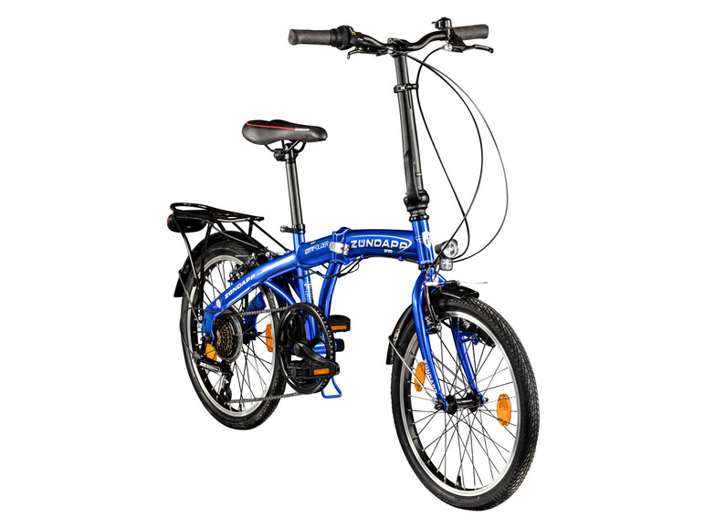 Ein blaues Zündapp Faltrad mit Gepäckträger.