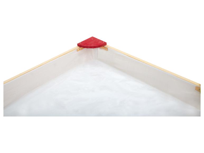 Hochbeet mit roter Eckablage und weißer Auskleidung