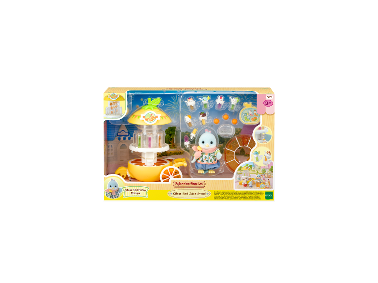 Zitrus-Saftstand-Spielset mit Vogelfigur, Zubehör und Dekorationen.
