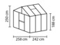 Ein Diagramm eines Gewächshauses mit Abmessungen.