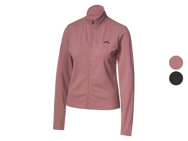 Rosa Sportjacke mit Reißverschluss und schwarzem Logo, mit angezeigten Farboptionen.