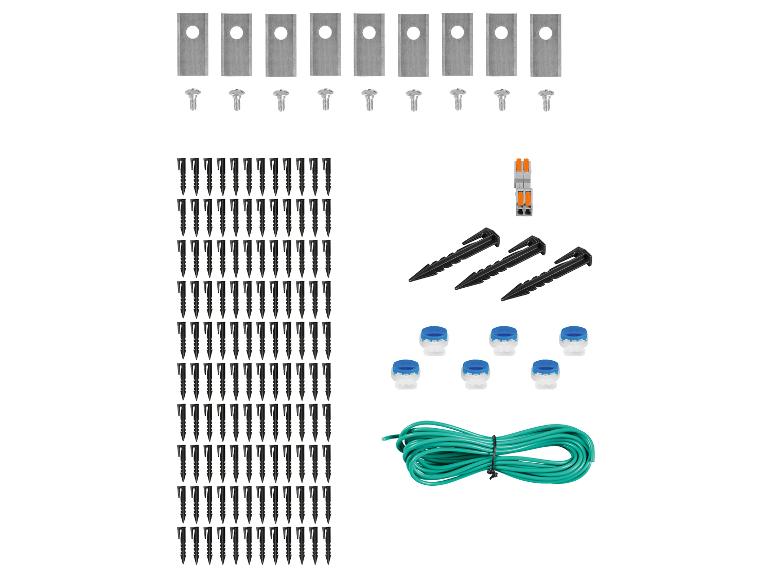 Zubehörset für Rasenroboter mit Klingen, Schrauben, Heringen, Verbindern und Kabel.