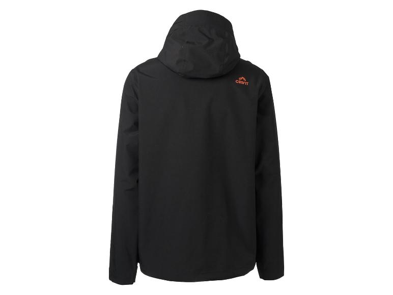 Schwarze Kapuzenjacke mit orangefarbenem Logo auf dem Rücken.