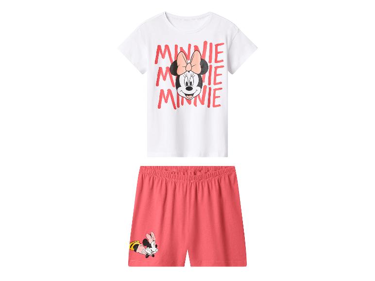 Mädchen-Pyjama-Set mit weißem Kurzarm-Oberteil und korallfarbenen Shorts mit Minnie-Maus-Aufdruck.