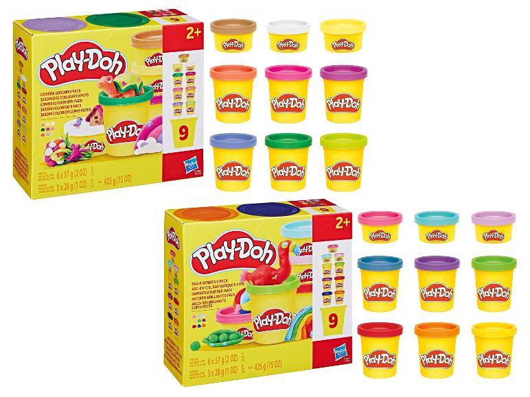 Zwei Play-Doh 9er-Sets, eines mit Gartenthema und eines mit Regenbogen-Thema.