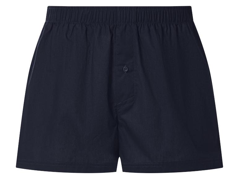 Dunkelblaue Herren-Boxershorts mit Gummibund und Knopfverschluss.