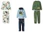 Drei Kinderpyjama-Sets mit Bau- und Dinosaurier-Motiven.