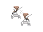 Baby-Kinderwagen mit umkehrbarem Sitz, in zwei Positionen mit einem Pfeil zur Drehrichtung dargestellt.