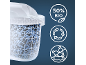 Wasserfilter mit blauen und schwarzen Granulaten, mit 50% Bio-, Recycling- und Plastikfrei-Symbolen.