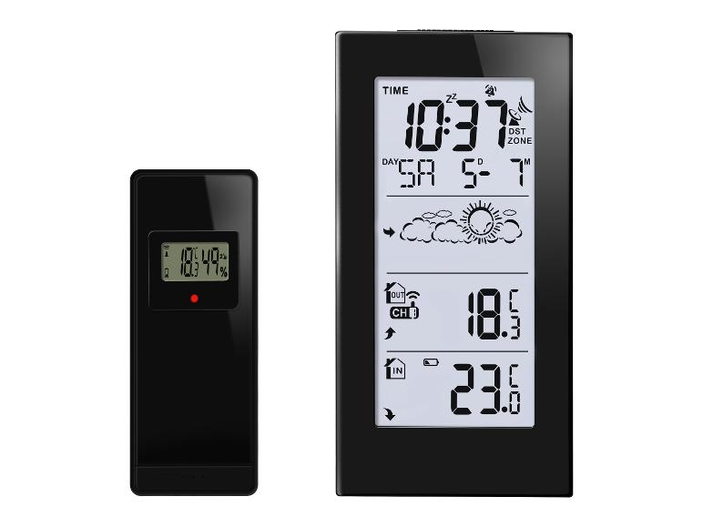 Digitales Wetterstation: Hauptkonsole und drahtloser Sensor zeigen Temperatur, Luftfeuchtigkeit und Uhrzeit an.