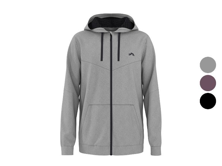 Grauer Herren-Kapuzenpullover mit Reißverschluss, schwarzen Details und Farbmustern.