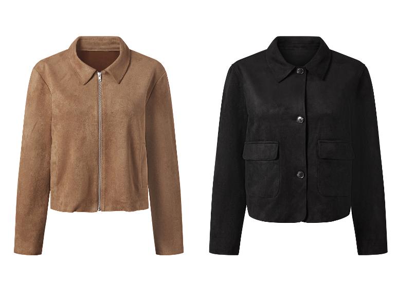 Zwei kurze Wildlederjacken: beige mit Reißverschluss und schwarz mit Knöpfen.