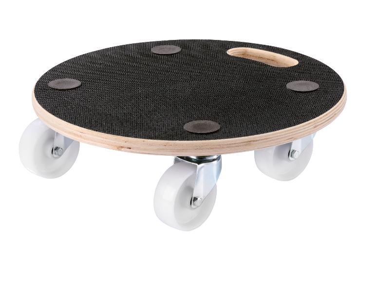 Ein runder Möbelroller aus Holz mit schwarzer Antirutschfläche und vier weißen Lenkrollen.