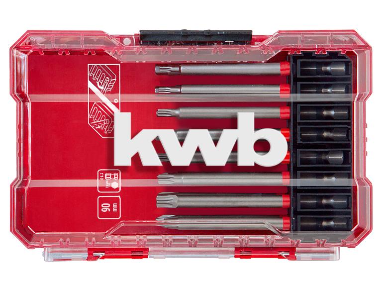 Schraubendreher-Bit-Set in einer roten, transparenten Box, mit „kwb“-Schriftzug in der Mitte.