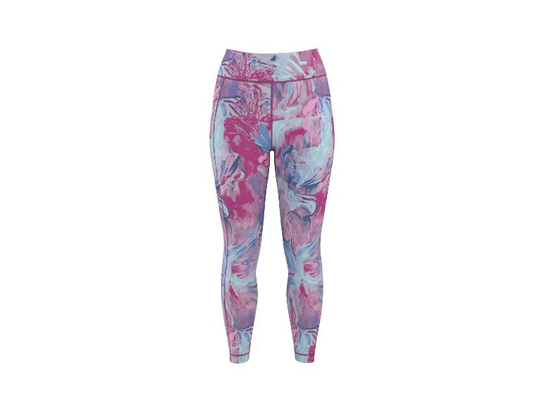 Damen-Sportleggings mit abstraktem Blumenmuster in Rosa- und Blautönen.
