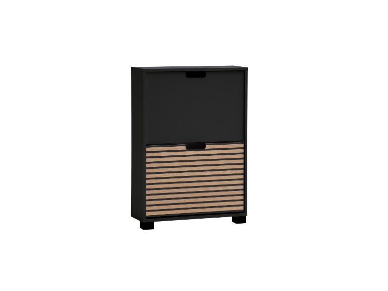 Schwarzer Schuhschrank mit einer Schublade aus hellen Holzlamellen.