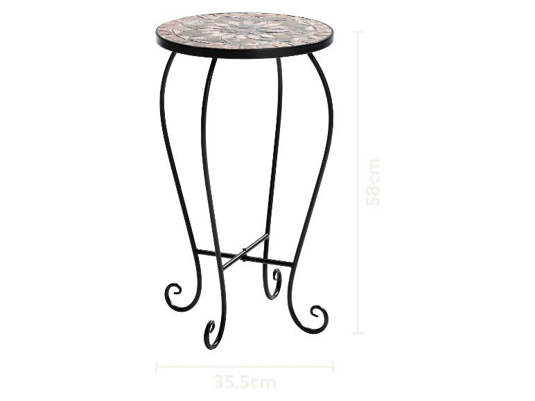 Mosaik-Beistelltisch mit schwarzem Metallgestell, 58 cm hoch und 35,5 cm breit.
