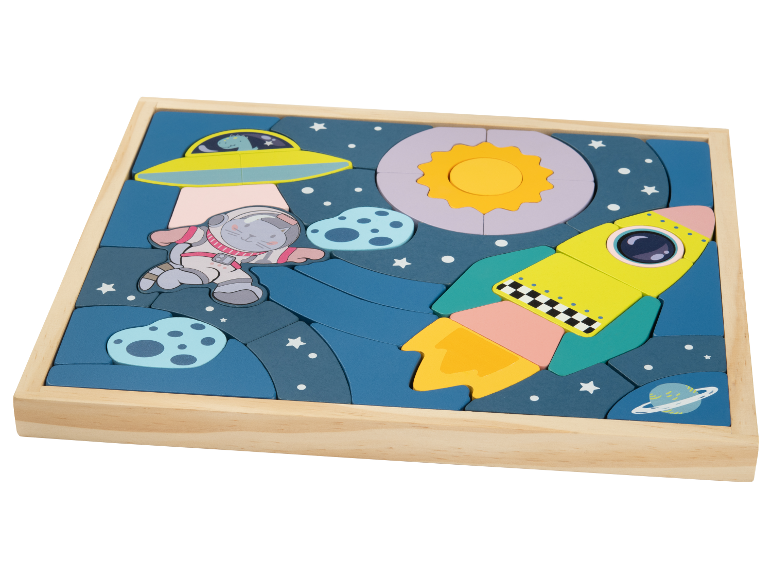 Holzpuzzle mit Weltraumthema, Rakete, Alien, Astronautenkatze und Planeten.