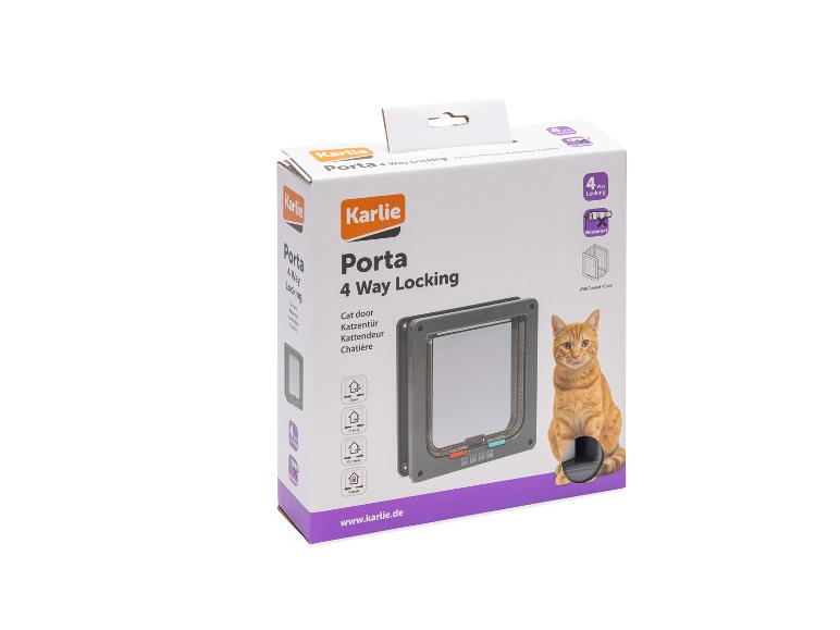 Katzenklappenbox mit Katzenklappe und einer orangefarbenen Katze, die 4-Wege-Verriegelung zeigt.