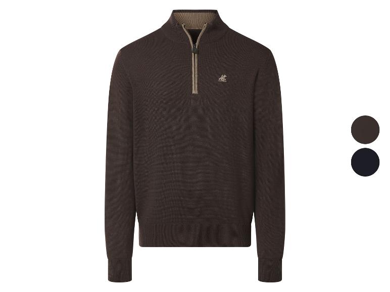 Brauner Strickpullover mit Reißverschluss und Stehkragen, mit gesticktem Logo.