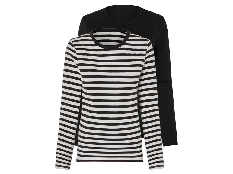Zwei Langarmshirts, eines mit schwarzen Streifen und eines einfarbig schwarz.