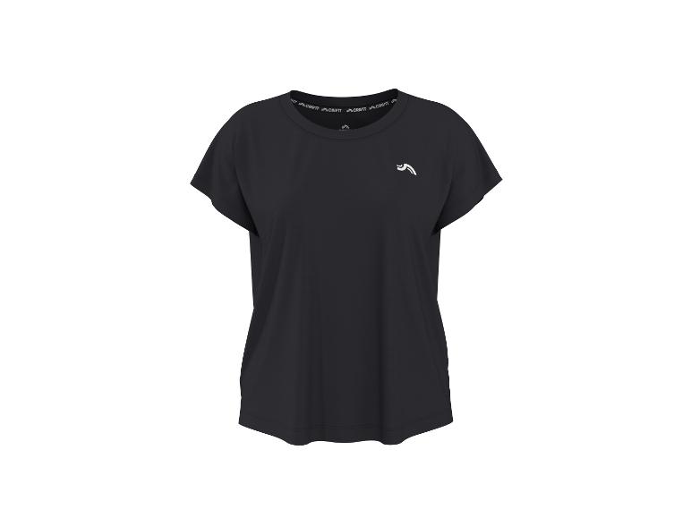 Schwarzes kurzärmeliges Sport-T-Shirt mit kleinem weißem Logo auf der Brust
