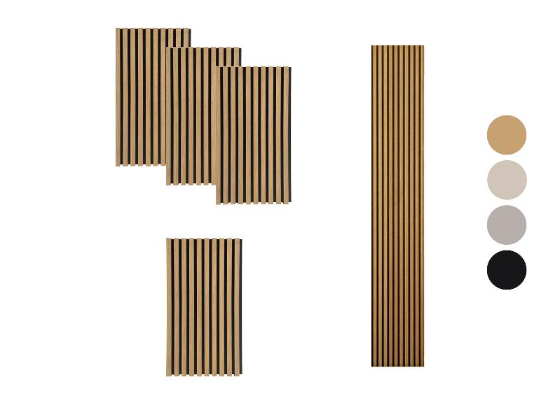 Holzlamellen-Wandpaneele in verschiedenen Größen und Farben.