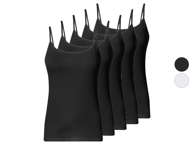 Sechs schwarze Spaghettiträger-Tops mit dünnen Trägern und zwei Farbmuster.