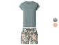 Damen-Pyjama-Set mit einem einfarbigen türkisfarbenen T-Shirt und floralen Shorts, mit zwei Farboptionen.
