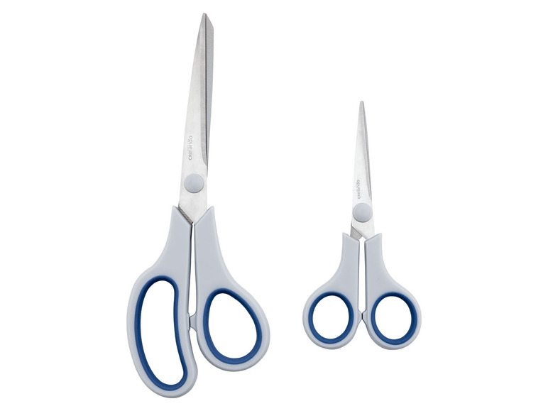 Zwei graue Scheren mit blauen Griffen, Marke Crelando.