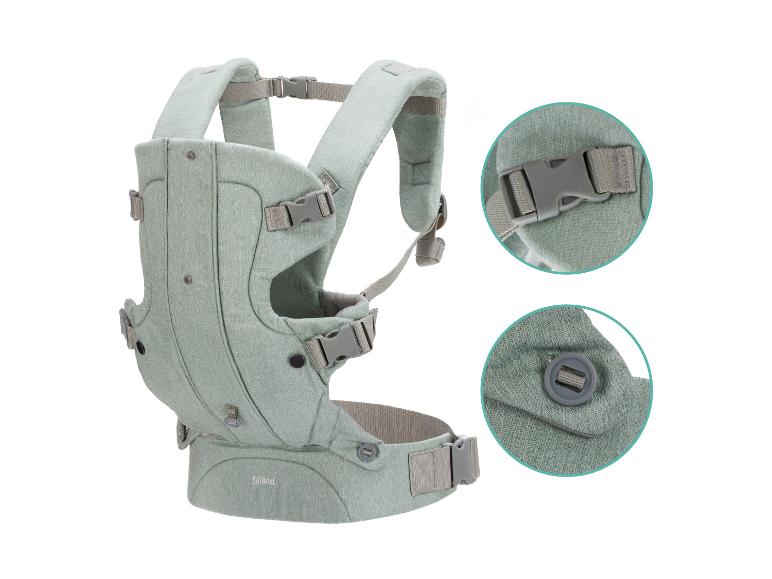 Hellgrüne Babytrage mit verstellbaren Gurten und Schnallen, mit Detailaufnahmen