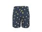 Blaue Badeshorts mit Zitronen- und Blättermuster.