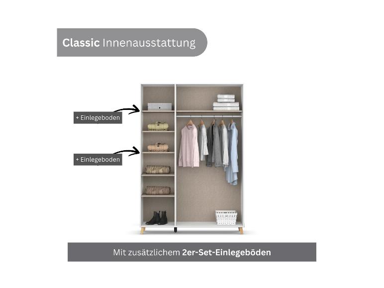 Kleiderschrank mit Classic Innenausstattung, inklusive Einlegeböden und Kleiderstange, mit zusätzlichem 2er-Set Einlegeböden.