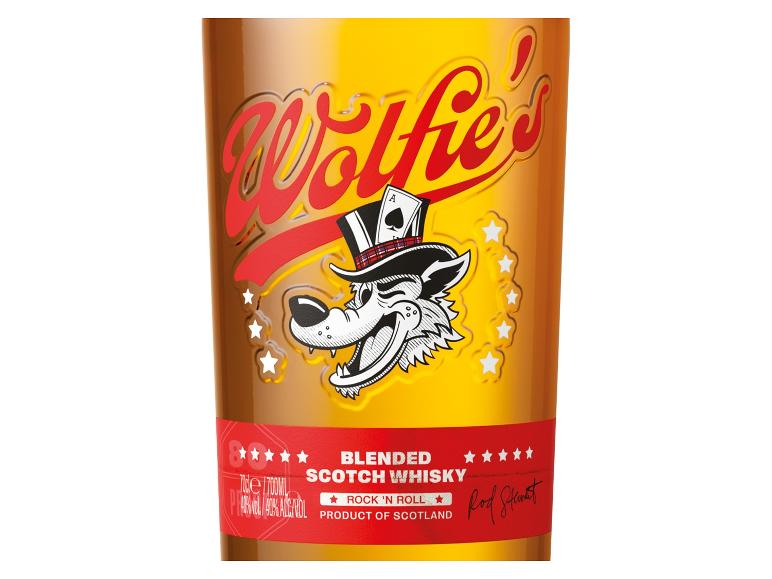 Flasche Wolfie's Blended Scotch Whisky mit einem Cartoon-Wolf und Rod Stewarts Unterschrift.
