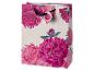 Geschenktüte mit rosa Pfingstrosenmuster und schwarzem Band.