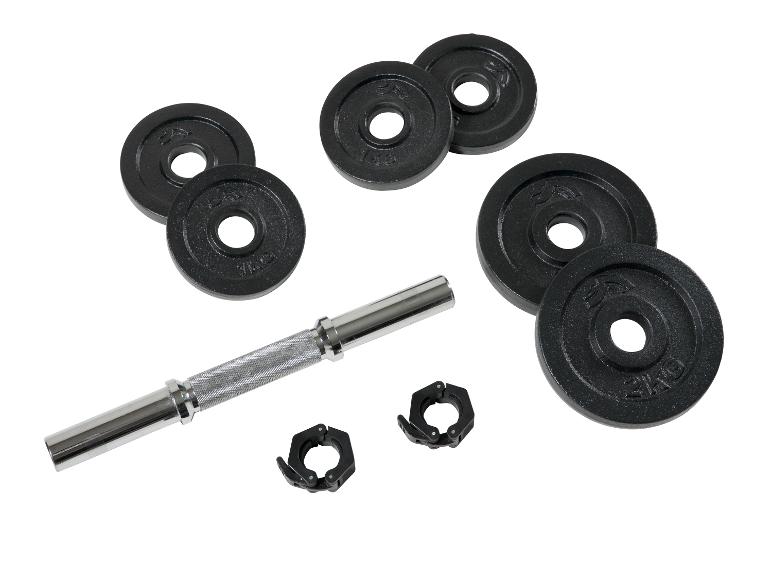 Hantelset mit 1 kg und 2 kg Hantelscheiben, Stange und Klemmen.